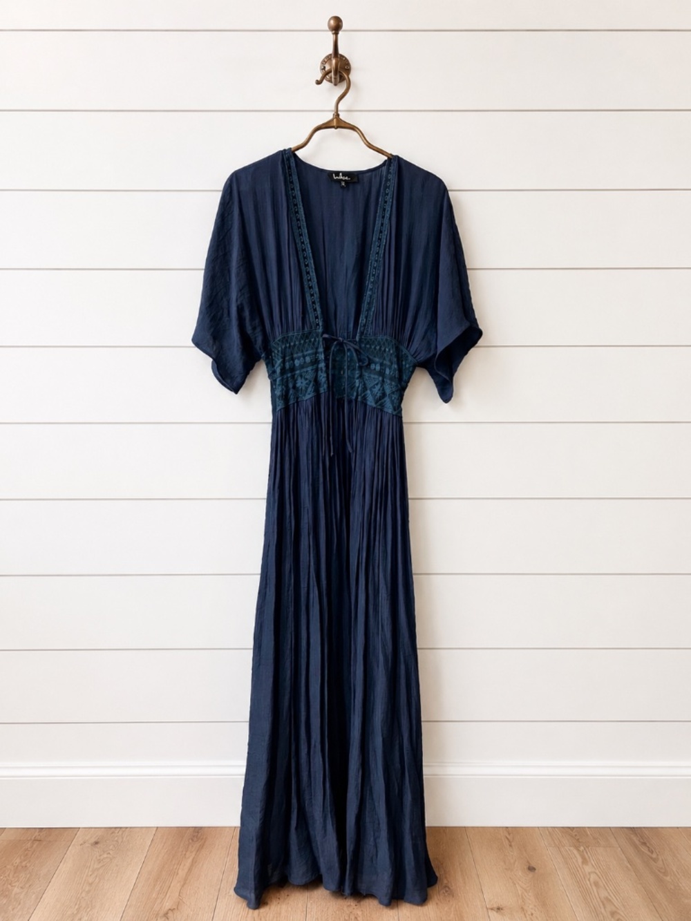 Lulus Navy Blue Boho Embroidered Maxi Kimono Duster Cover Up Size Small